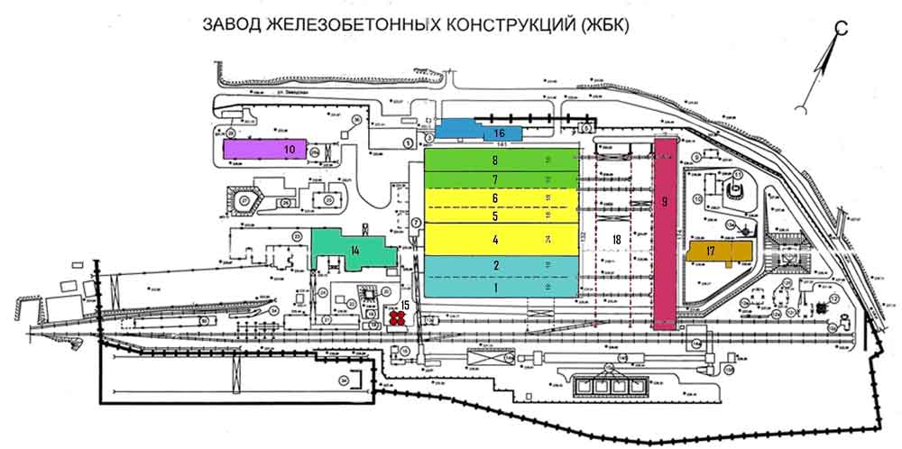 Карта ижорского завода с номерами цехов